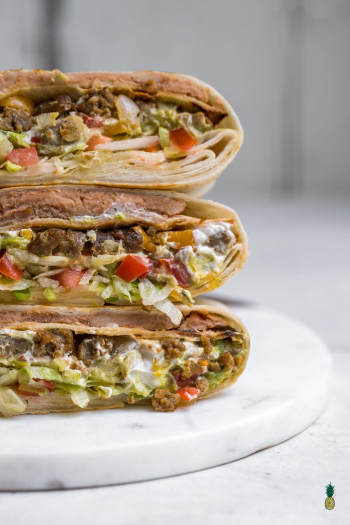 A homemade version of the Taco Bell signature crunch wrap made vegan.