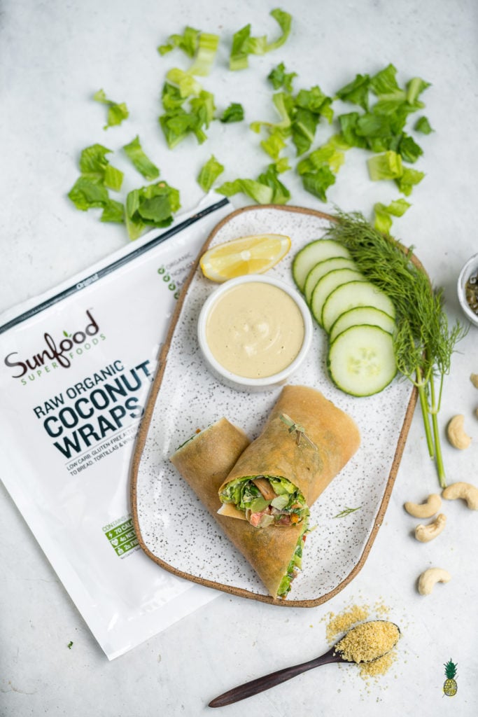 These Caesar salad wraps are the perfect healthy on-the-go lunch to make for school or work. They are light, full of flavor, and packed with nutrition to fuel you through the day! #caesar #salad #homemade #coconutwrap #glutenfree #schoollunch #onthego #vegan #sweetsimplevegan #lunch #entree #togo #lunchbox #easy #filling #cashewcream