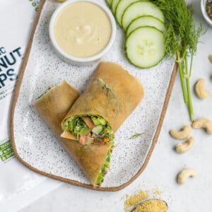 These Caesar salad wraps are the perfect healthy on-the-go lunch to make for school or work. They are light, full of flavor, and packed with nutrition to fuel you through the day! #caesar #salad #homemade #coconutwrap #glutenfree #schoollunch #onthego #vegan #sweetsimplevegan #lunch #entree #togo #lunchbox #easy #filling #cashewcream