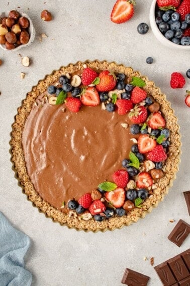 overhead image of mousse tart with fruit on top