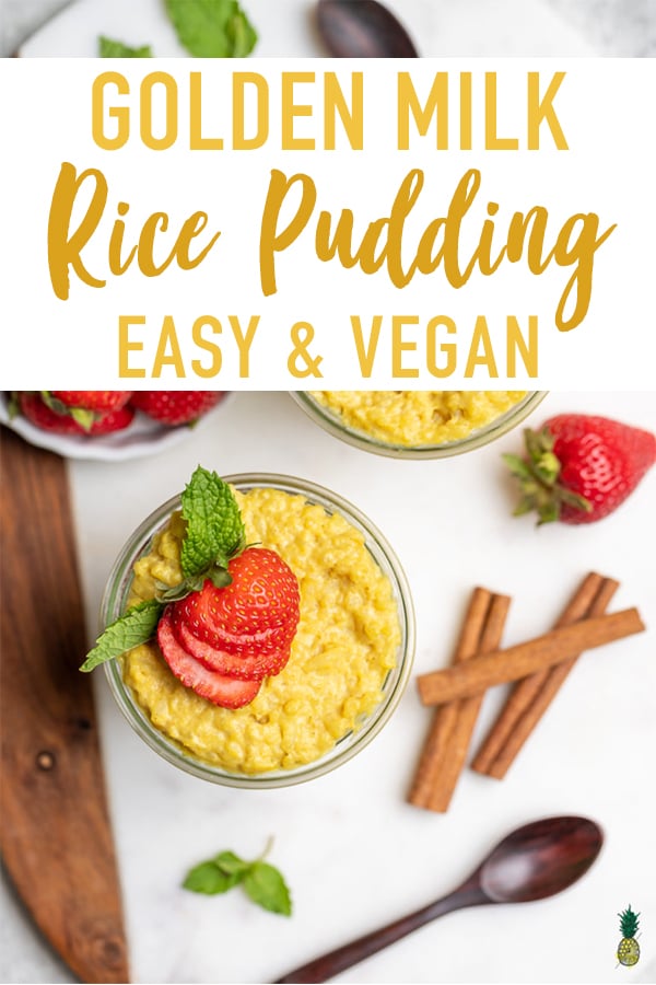 This golden milk rice pudding makes for a perfect healthy dessert or breakfast. Jasmine rice, almond milk + golden milk spices. This rich and creamy rice pudding is the perfect way to use up leftover rice at home! #goldenmilk #leftover #rice #ricepudding #musttry #easy #ayurvedic #healthy #vegan #veganized #sweetsimplevegan #breakfast #snack #dessert