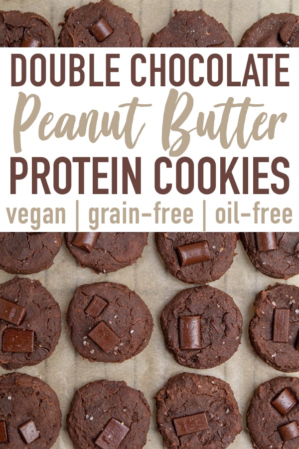 Protein-packed vegan double chocolate chip cookies that are healthy and easy to make PLUS they are grain, oil and gluten-free. The base is sweetened with nothing but dates and then showered vegan dark chocolate chunks because when is more chocolate ever a bad idea? #vegan #plantprotein #bolthousefarms #glutenfree #oilfree #grainfree #datesweetened #doublechocolate #cookies #healthy #snack #guiltfree #almondflour #sweetsimplevegan #vegandessert