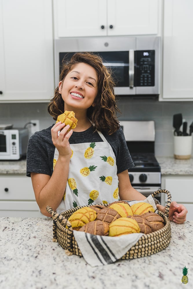 Vegan Conchas Mexican Sweet Bread In Basket with Girl