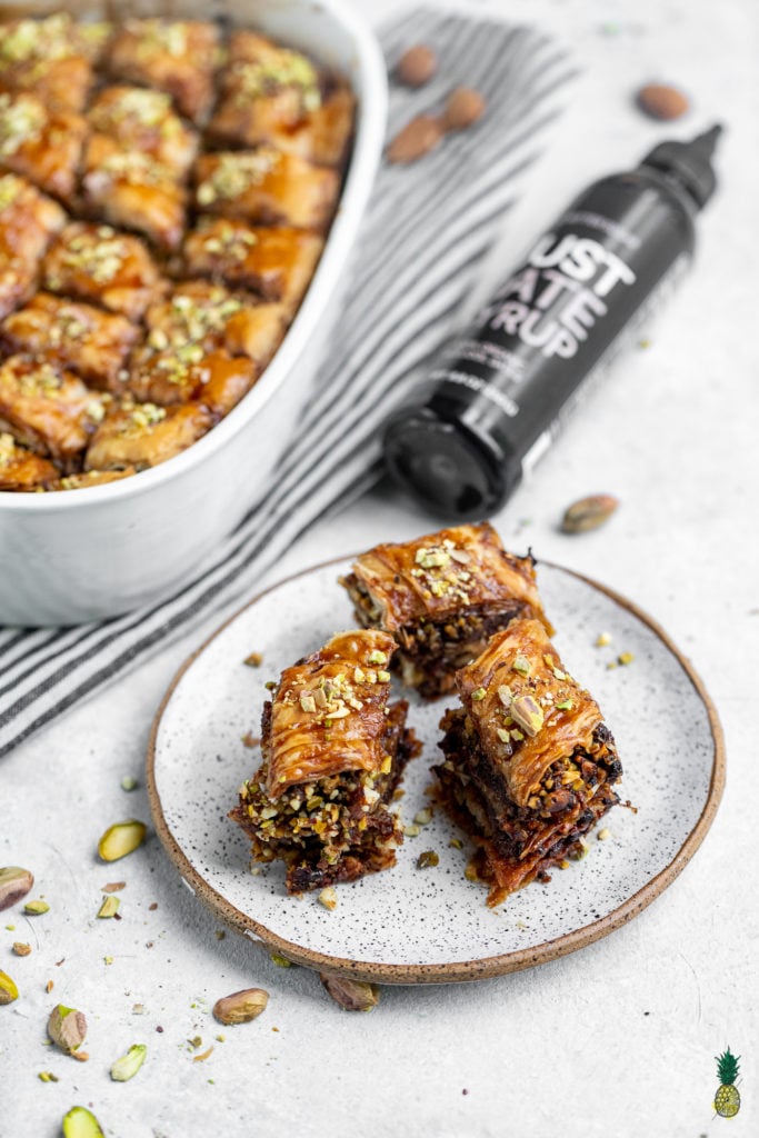 Vegan Date-Sweetened Baklava with Pistachios, Almonds and Walnuts Side Angle
