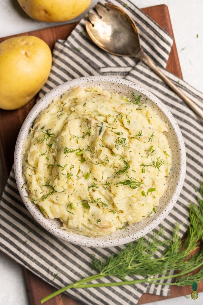 overhead shot of mashed potatoes food styled