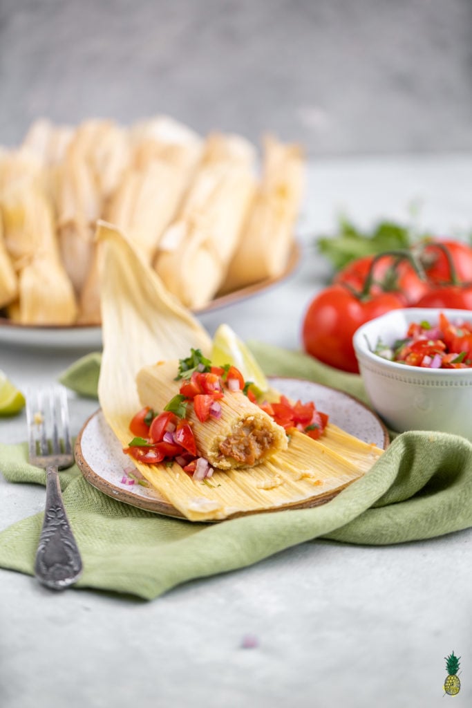 Oil-free Vegan Tamales with Pico de Gallo and Bean Filling