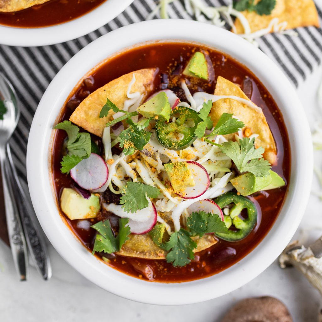Pozole Rojo with Mushrooms and Red Beans (Mexican Hominy Stew)