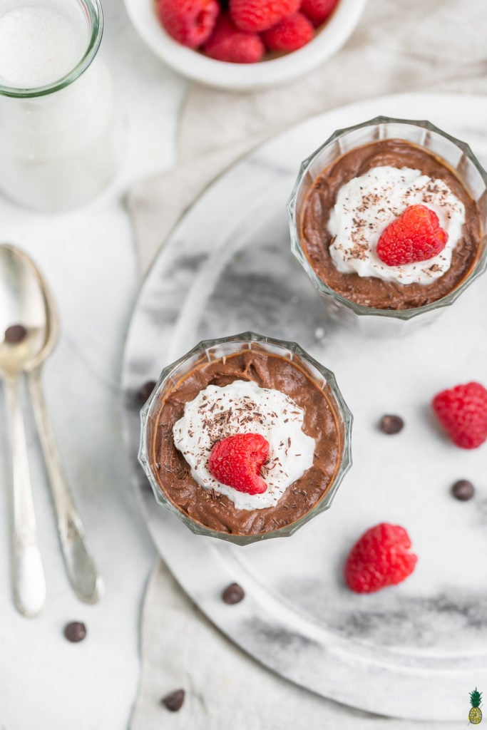 3-ingredient vegan chocolate mousse close up with raspberries