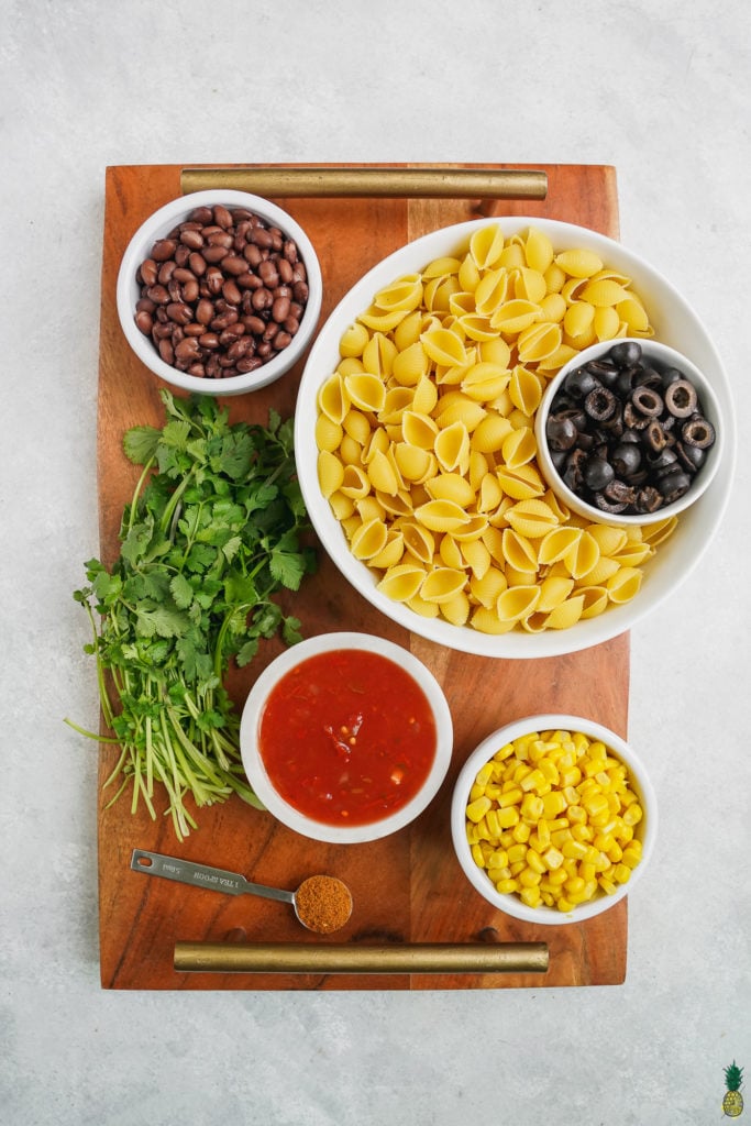 Bowls of ingredients for taco pasta