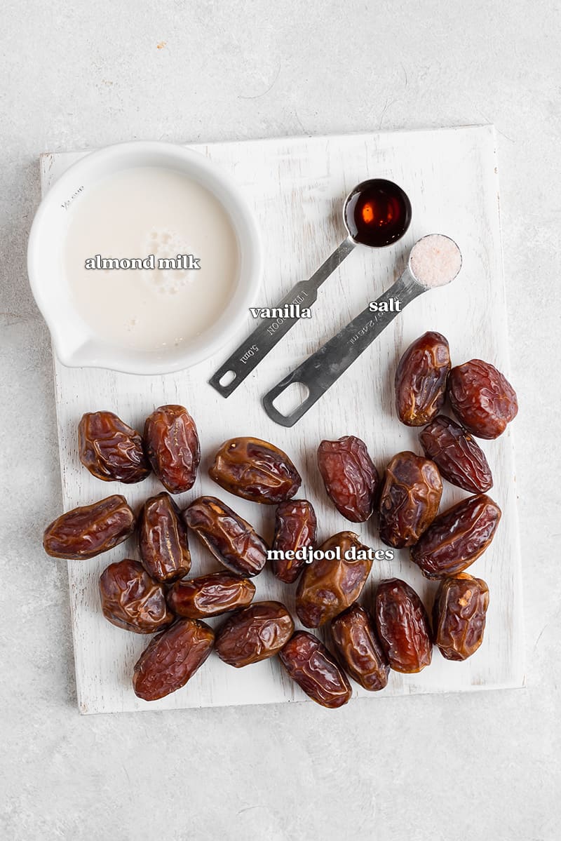 ingredients for date caramel on white board