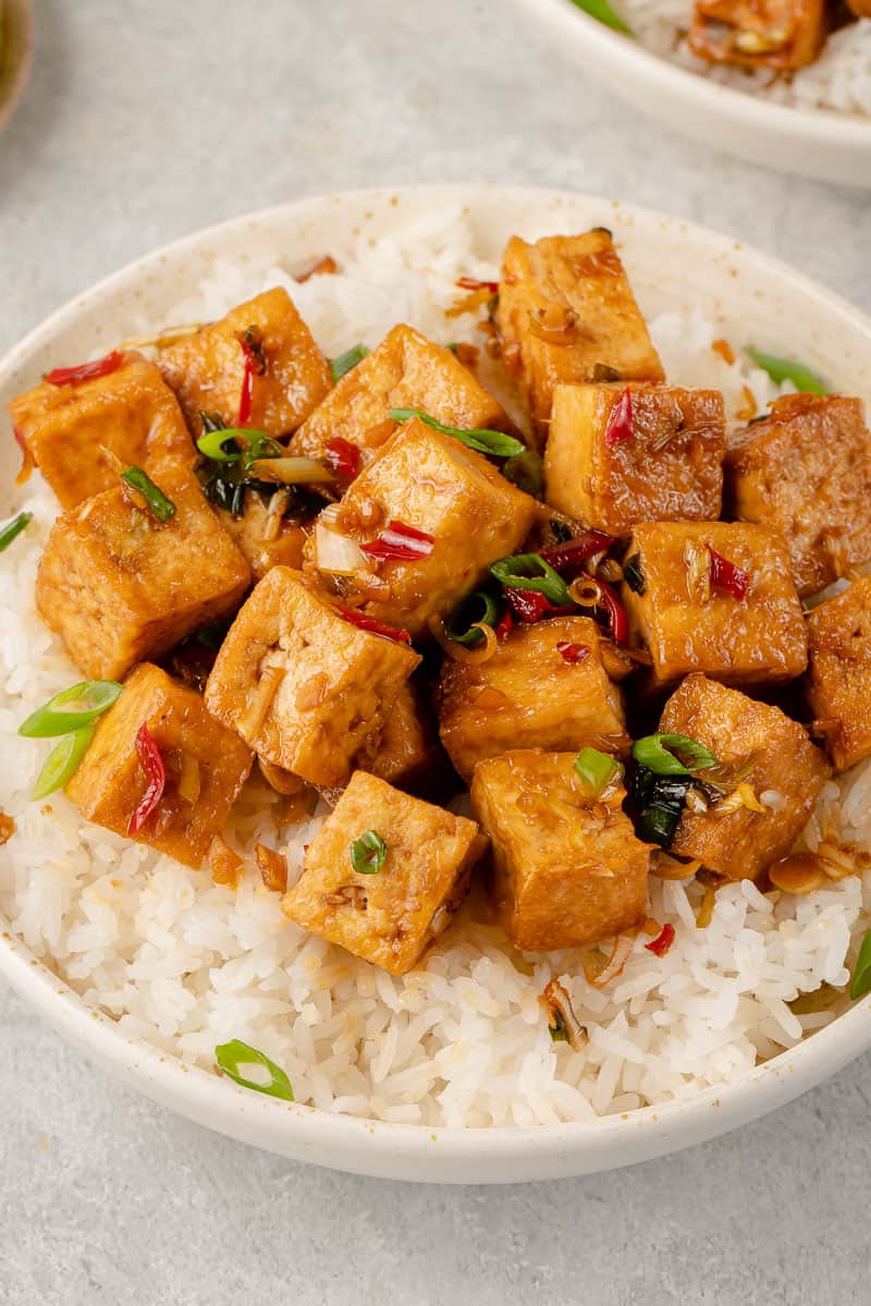 lemongrass tofu in a bowl with rice