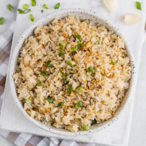 Vegan filipino garlic fried rice in a bowl with green onions and garlic on the side