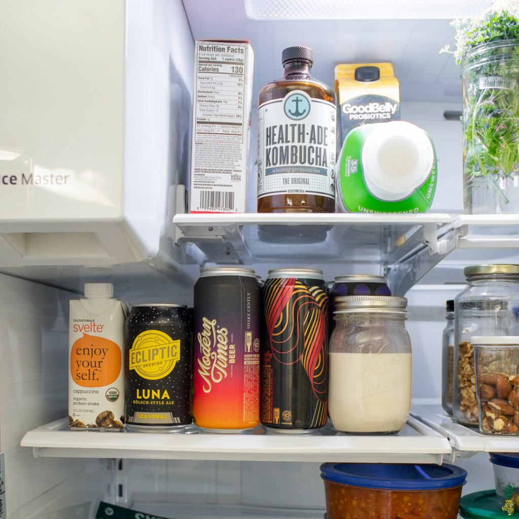 Beverages in a vegan fridge