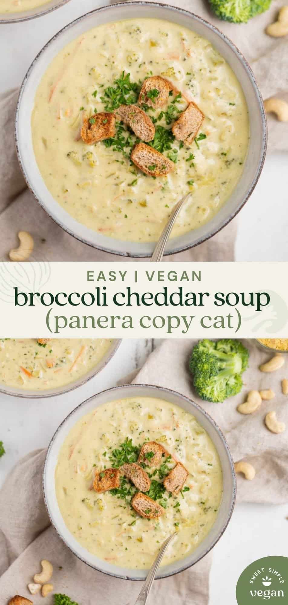 Vegan Broccoli Cheddar Soup in a bowl with croutons and parsley for pinterest