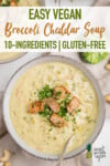 Vegan Broccoli Cheddar Soup in a bowl with croutons and parsley