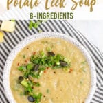 Potato leek soup vegan topped with green onions on a kitchen towel. Sweet Simple Vegan, pinterest