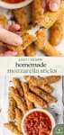 pinterest image with mozzarella sticks being pulled and on a plate