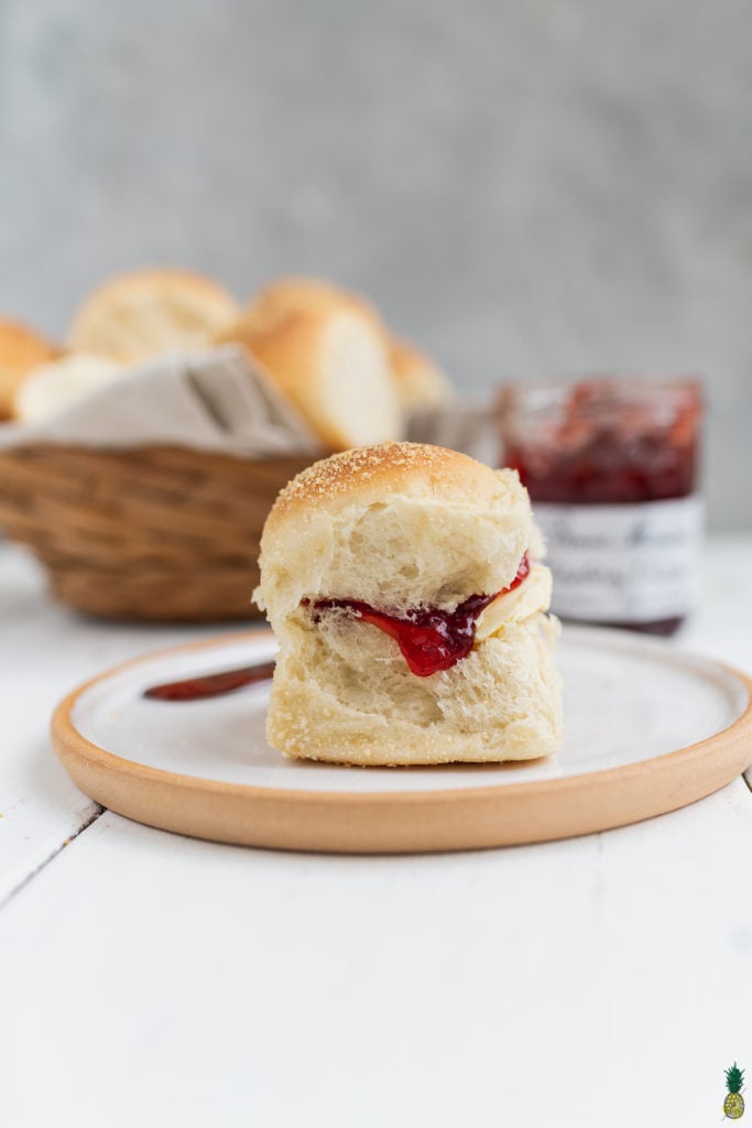 Vegan filipino pandesal bread rolls with jam and butter by Sweet Simple Vegan