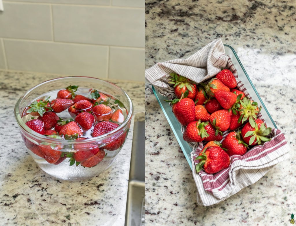 Strawberries in a vinegar bath and store in a lined tupperware