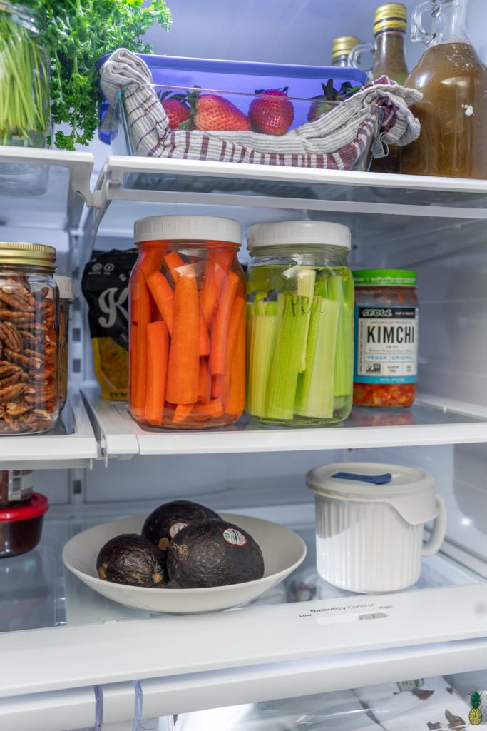 Vegetables in Jars and Avocados in The refrigerator, vegan fridge, sweet simple vegan