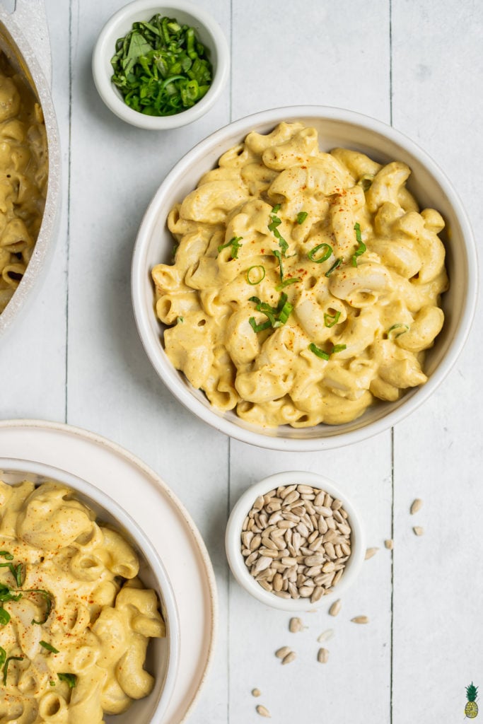 nut free allergen friendly vegan mac and cheese in a white bowl by sweet simple vegan