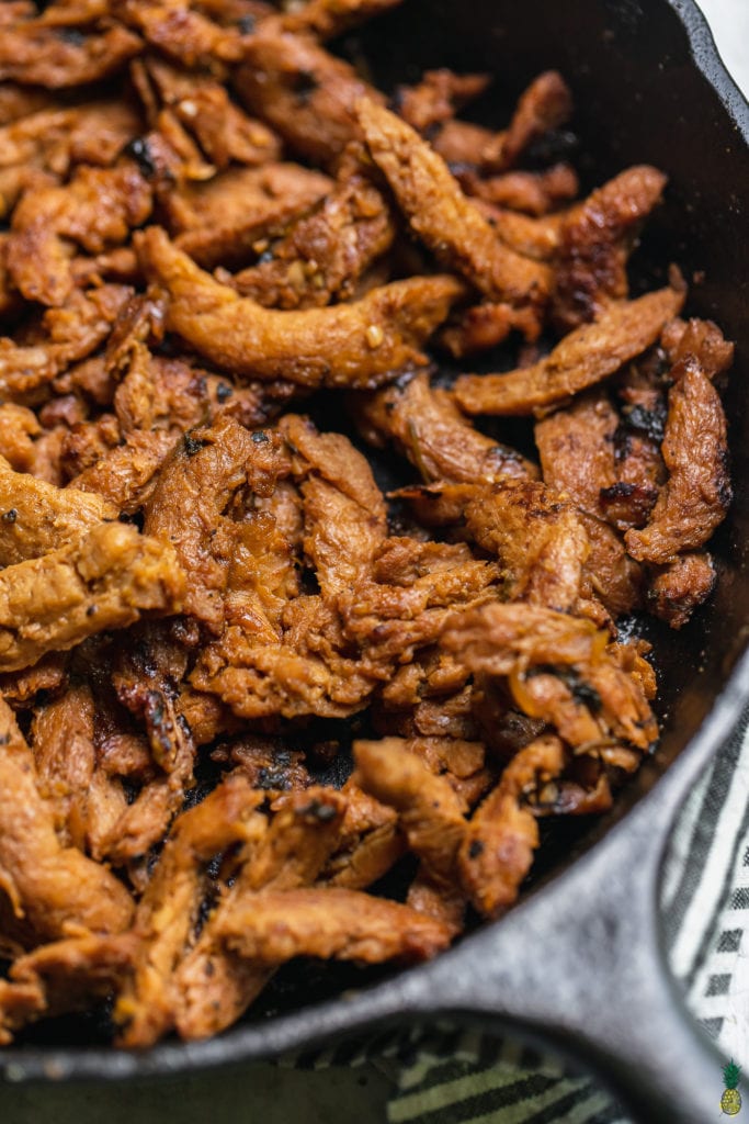 Closeup shot of vegan carne asada taco meat by sweet simple vegan