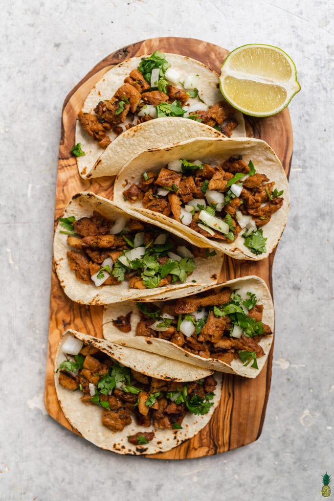 Vegan carne asada tacos with cilantro and onions by Sweet Simple Vegan