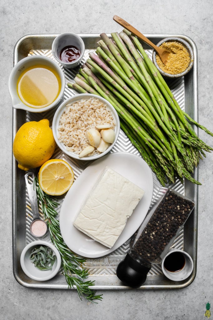 Ingredients for sheet pan lemon herb & pepper tofu and asparagus by sweet simple vegan