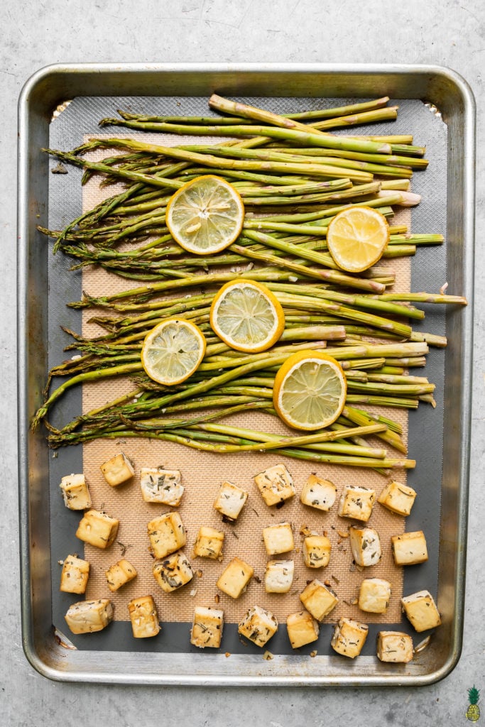 roasted sheet pan lemon herb & pepper tofu and asparagus by sweet simple vegan