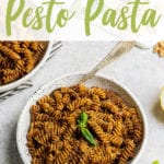 Bowl of vegan sun dried tomato pesto pasta with a towel food photography for pinterest