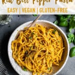 a white bowl of creamy vegan squash pasta with parmesan and white wine by sweet simple vegan for pinterest