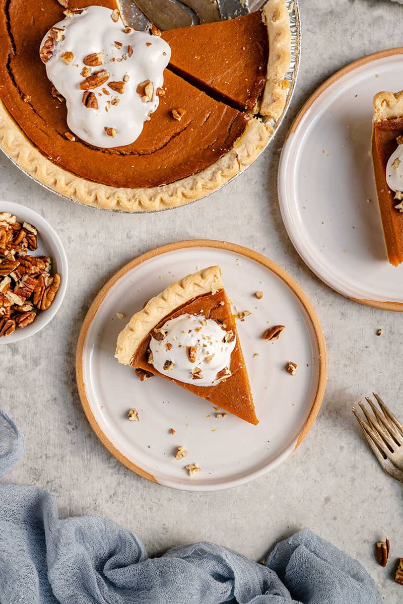 vegan pumpkin pie on a white plate