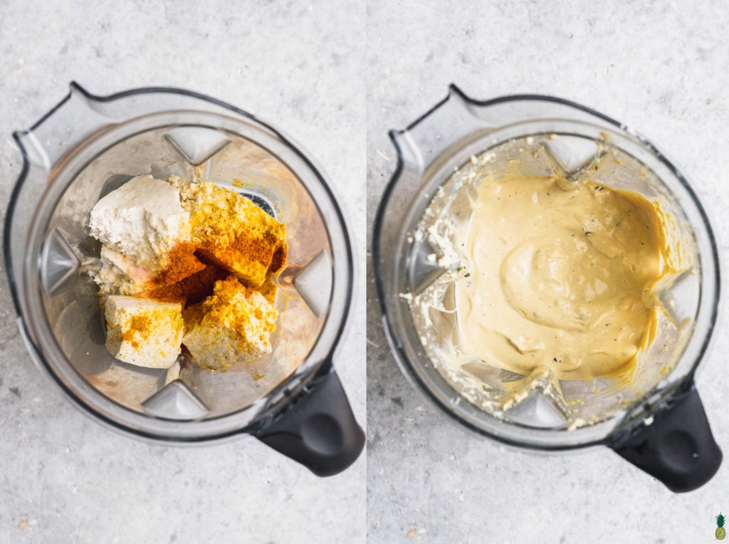 tofu egg batter overhead shot for a vegan sweet potato breakfast casserole in a white dish by sweet simple vegan