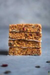 A stack of no bake peanut butter breakfast bars by sweet simple vegan