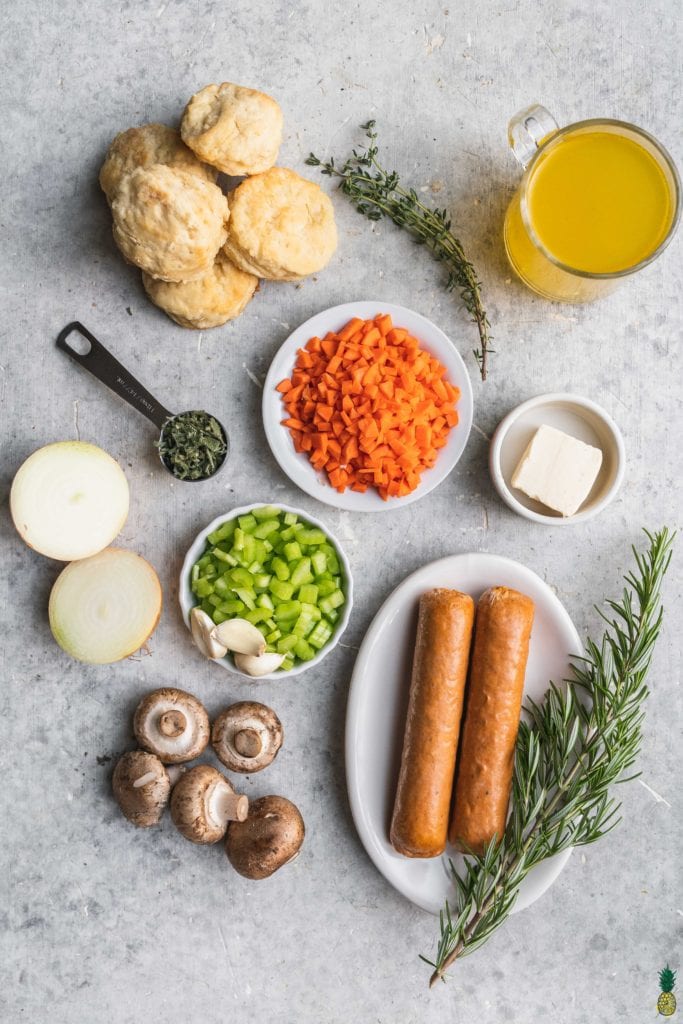 Ingredients needed to make a buttermilk biscuit thanksgiving stuffing
