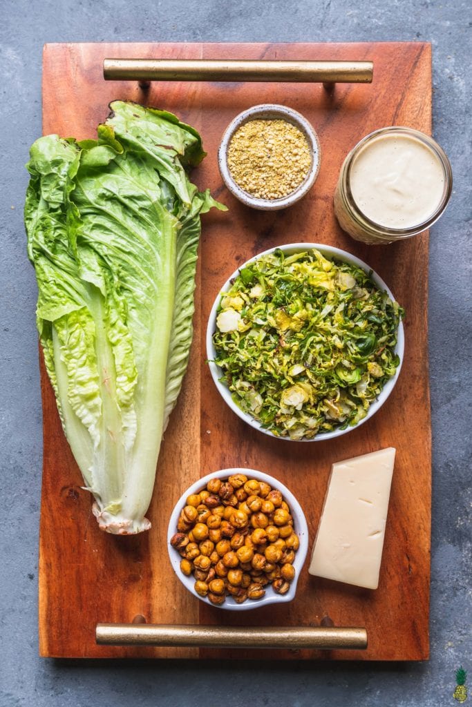 over head of brussels sprouts caesar salad ingredients