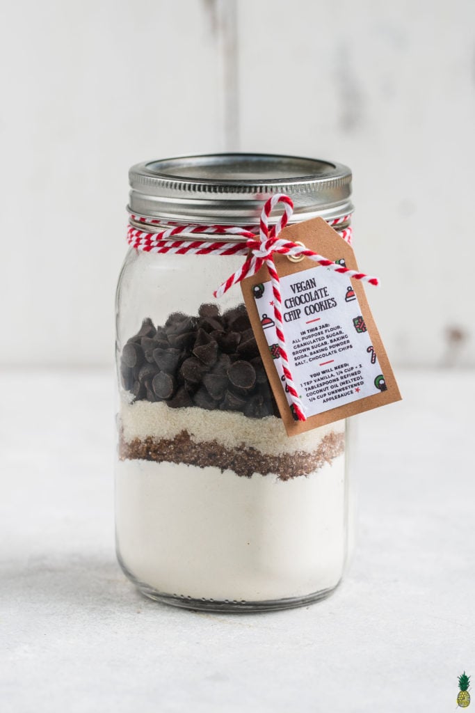 DIY vegan chocolate chip cookie mix in a jar for a holiday christmas gift by sweet simple vegan
