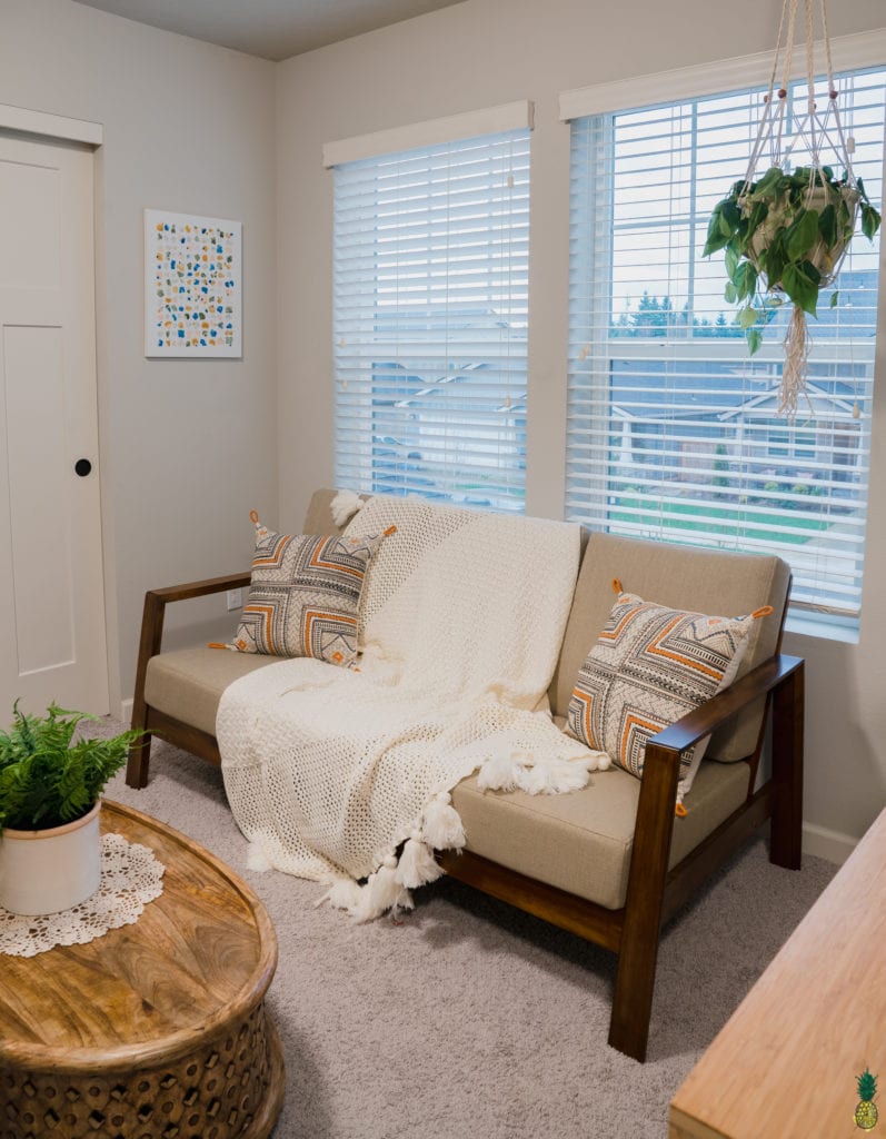 image of our couch with blanket and two pillows plus coffee table. 