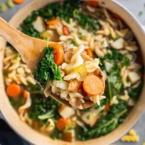 a close up shot of a spoon scooping vegetable noodle soup in a pot