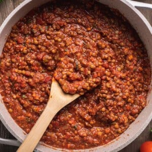 Close up of vegan bolognese​ Sauce in white pot