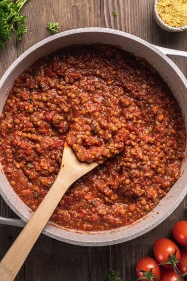 Close up of vegan bolognese​ Sauce in white pot