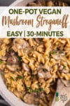 overhead close up image of mushroom stroganoff with wooden spoon for pinterest
