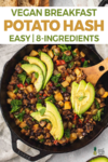 Vegan Breakfast Potato Hash with slices of avocado in a cast iron skillet by sweet simple vegan for pinterest