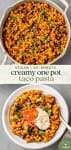 close up shot of creamy vegan taco pasta in a beige pan with cilantro on top by sweet simple vegan for pinterest