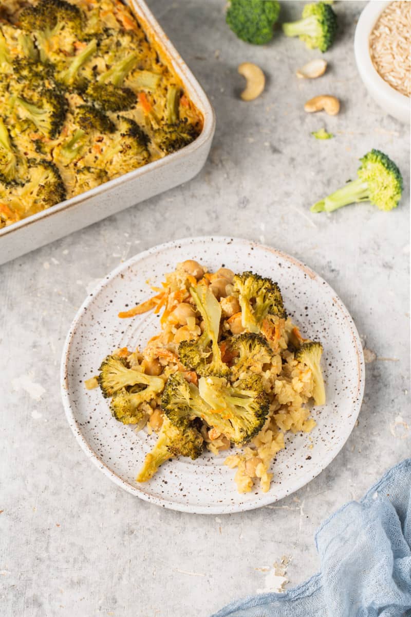 overhead image of cheesy broccoli rice casserole on plate