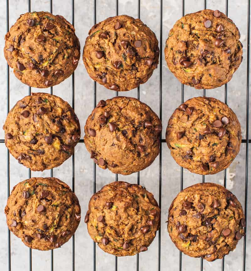 overhead image of chocolate chip zucchini muffins on cooling rack