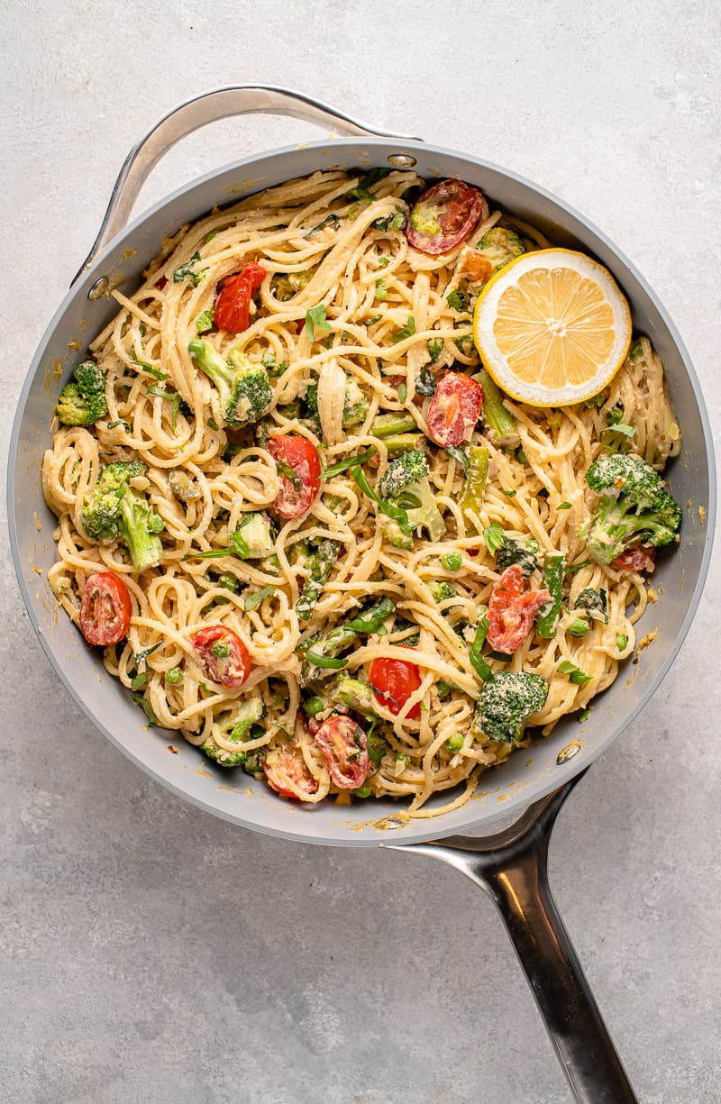 Overhead image of easy vegan pasta primavera in pan