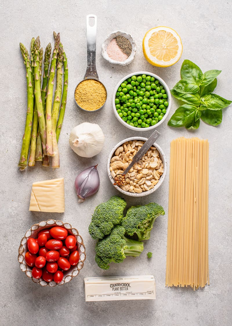 Overhead image of ingredients for vegan pasta primavera