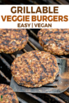 a spatula with a charred veggie burger on a grill for pinterest
