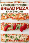 overhead image of french bread pizzas on baking sheet for pinterest